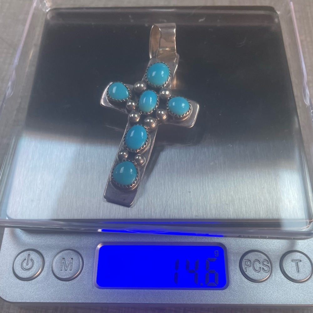Large Navajo Signed Turquoise and Silver Cross Pendant 🦋 - Picture 10 of 11